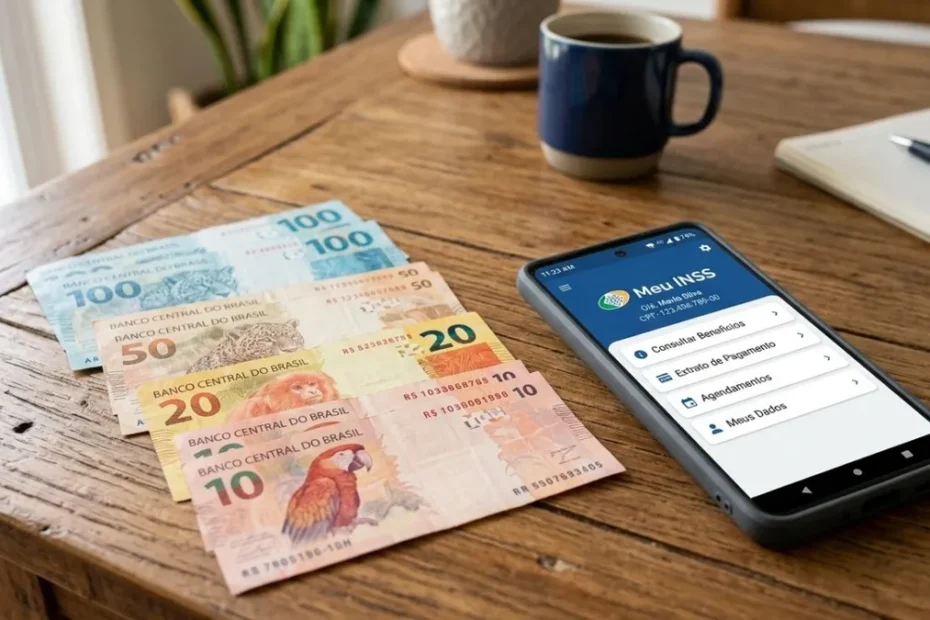 Pessoa idosa consulta extrato do INSS no celular, feliz com pagamento do 13º salário extra em novembro.