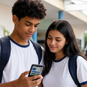 Estudante brasileiro consultando o Pé-de-Meia no aplicativo Jornada do Estudante ou Caixa Tem