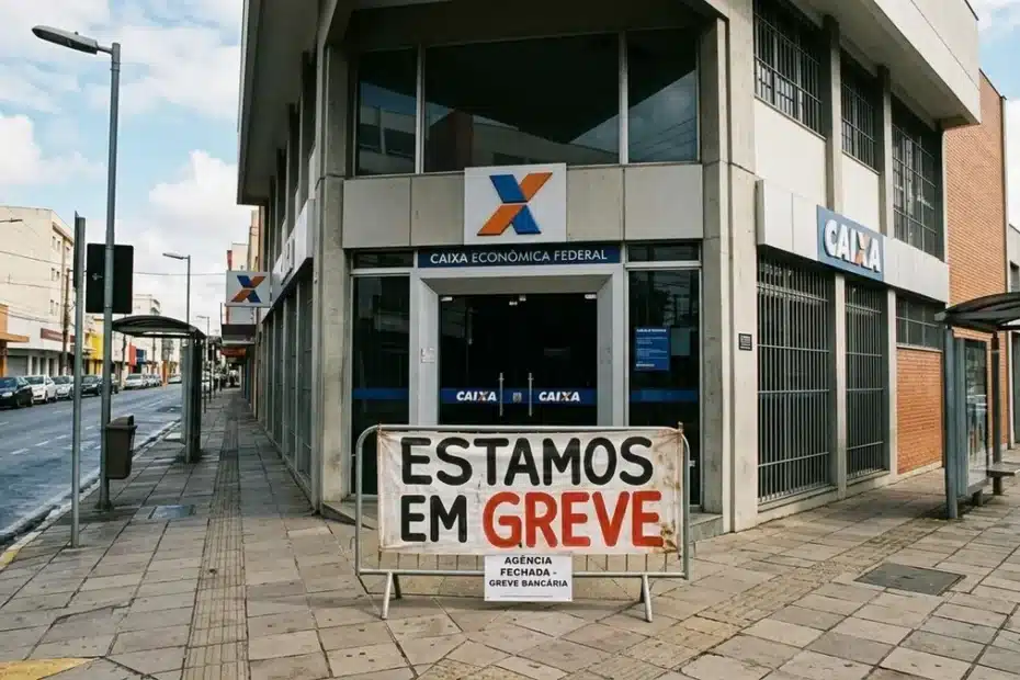 Fachada de uma agência da Caixa Econômica Federal com movimento de pessoas.