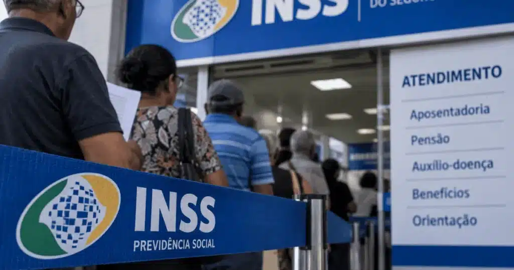 Fachada de agência do INSS com segurados aguardando atendimento.